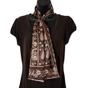 Pink and Brown Floral Scarf Rectangle Paisely Bow Retro Vintage 44" Long